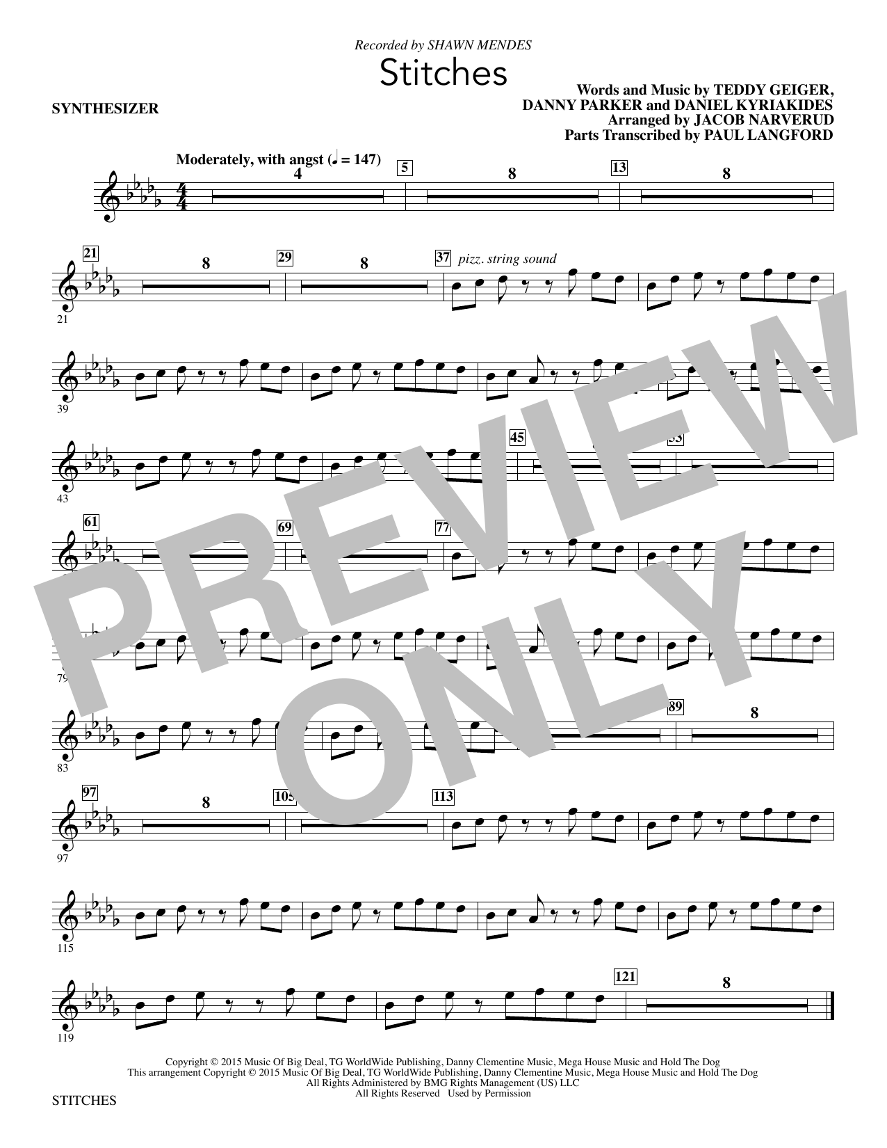 Shawn Mendes Stitches (arr. Jacob Narverud) - Synthesizer sheet music notes and chords arranged for Choir Instrumental Pak