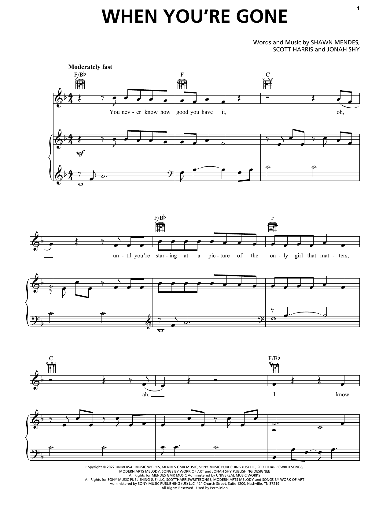 Shawn Mendes When You're Gone sheet music notes and chords arranged for Piano, Vocal & Guitar Chords (Right-Hand Melody)