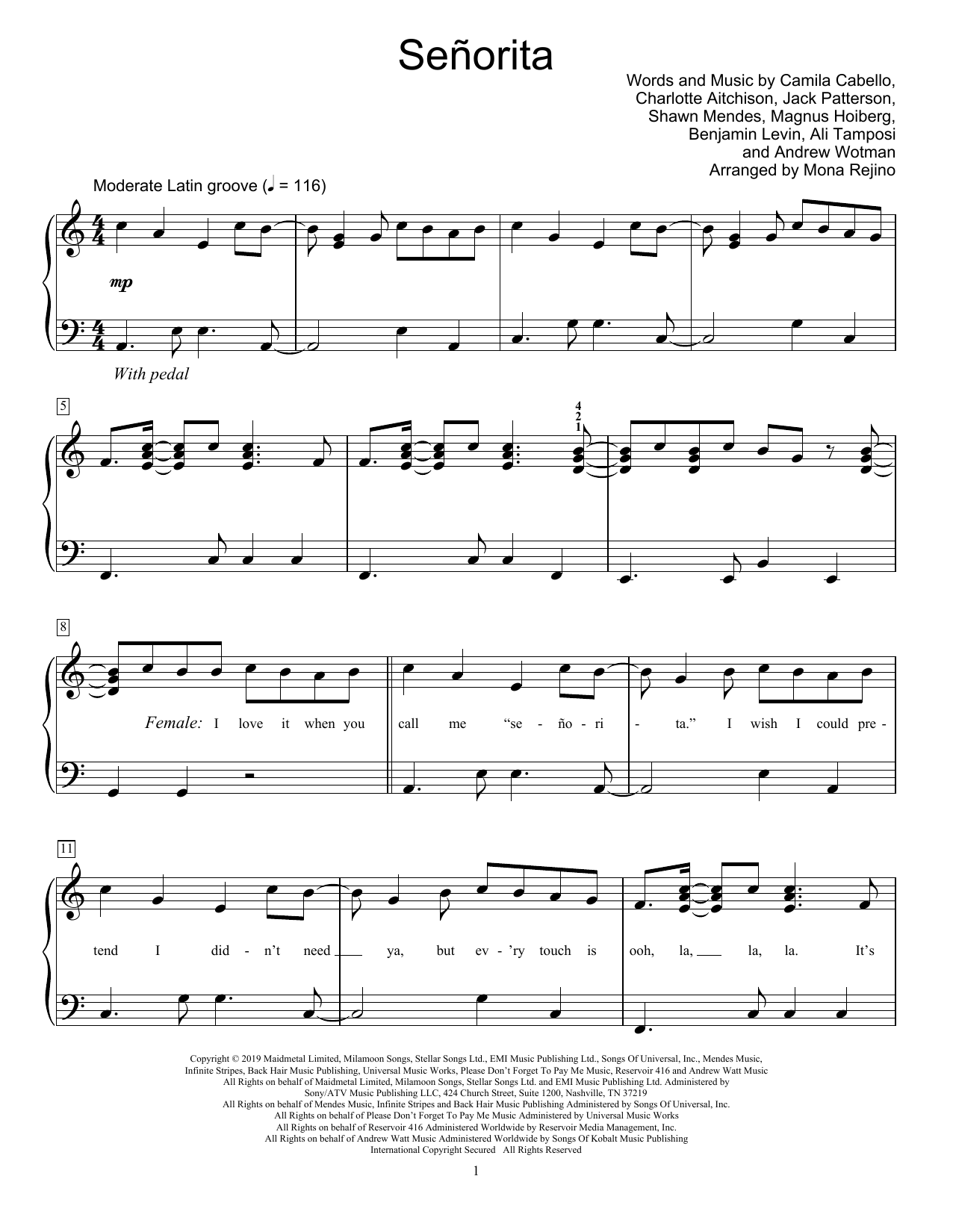 Shawn Mendes & Camila Cabello Señorita (arr. Mona Rejino) sheet music notes and chords arranged for Educational Piano