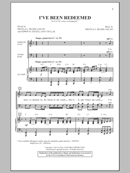 Shayla Blake I've Been Redeemed sheet music notes and chords arranged for SATB Choir