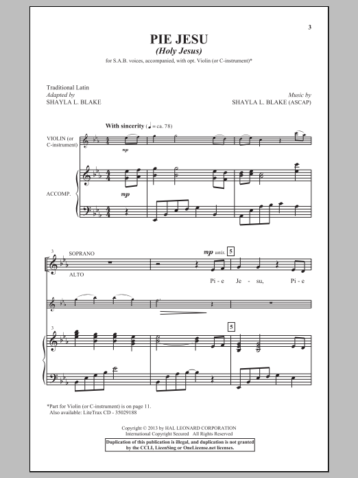 Shayla Blake Pie Jesu (Holy Jesus) sheet music notes and chords arranged for SAB Choir