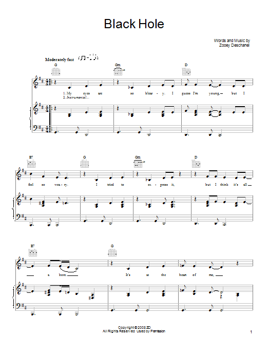 She & Him Black Hole sheet music notes and chords arranged for Piano, Vocal & Guitar Chords (Right-Hand Melody)