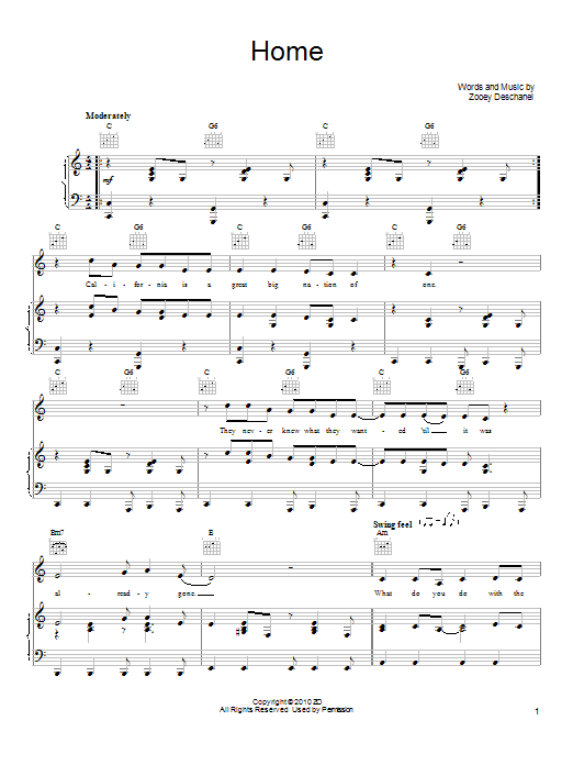 She & Him Home sheet music notes and chords arranged for Piano, Vocal & Guitar Chords (Right-Hand Melody)