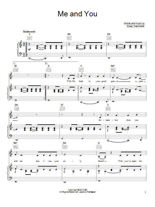 She & Him Me And You sheet music notes and chords arranged for Piano, Vocal & Guitar Chords (Right-Hand Melody)