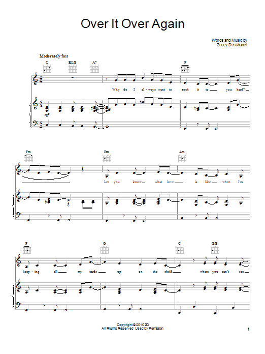She & Him Over It Over Again sheet music notes and chords arranged for Piano, Vocal & Guitar Chords (Right-Hand Melody)