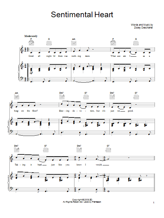 She & Him Sentimental Heart sheet music notes and chords arranged for Piano, Vocal & Guitar Chords (Right-Hand Melody)