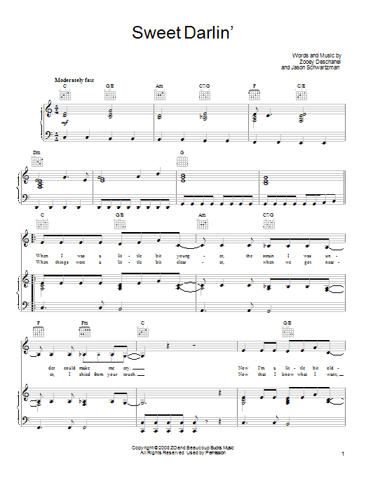 She & Him Sweet Darlin' sheet music notes and chords arranged for Piano, Vocal & Guitar Chords (Right-Hand Melody)