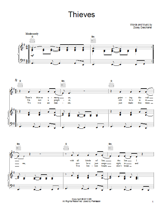 She & Him Thieves sheet music notes and chords arranged for Piano, Vocal & Guitar Chords (Right-Hand Melody)
