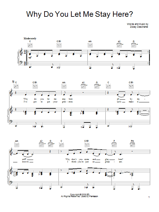 She & Him Why Do You Let Me Stay Here? sheet music notes and chords arranged for Piano, Vocal & Guitar Chords (Right-Hand Melody)