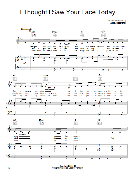 She & Him I Thought I Saw Your Face Today sheet music notes and chords arranged for Piano, Vocal & Guitar Chords (Right-Hand Melody)