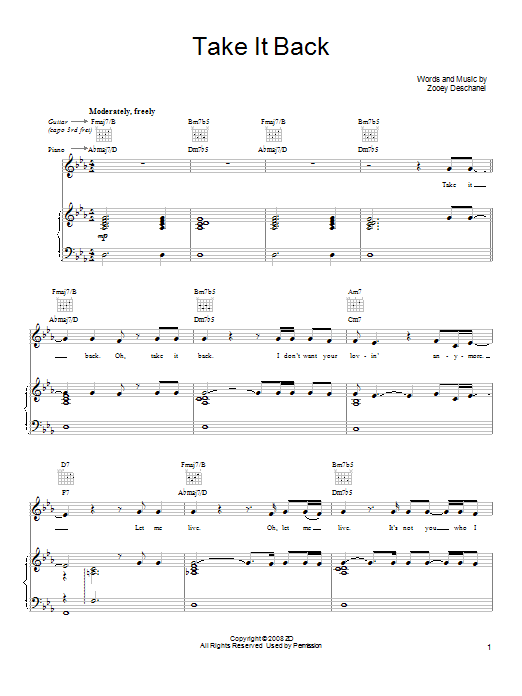 She & Him Take It Back sheet music notes and chords arranged for Piano, Vocal & Guitar Chords (Right-Hand Melody)