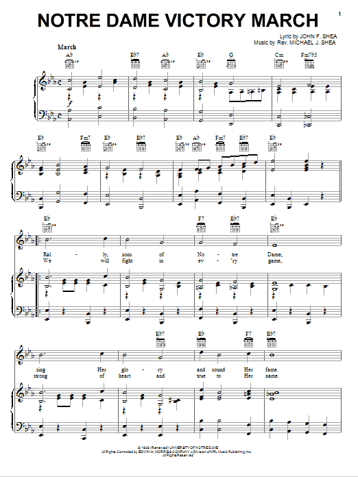 Shea & Shea Notre Dame Victory March sheet music notes and chords arranged for Piano, Vocal & Guitar Chords (Right-Hand Melody)