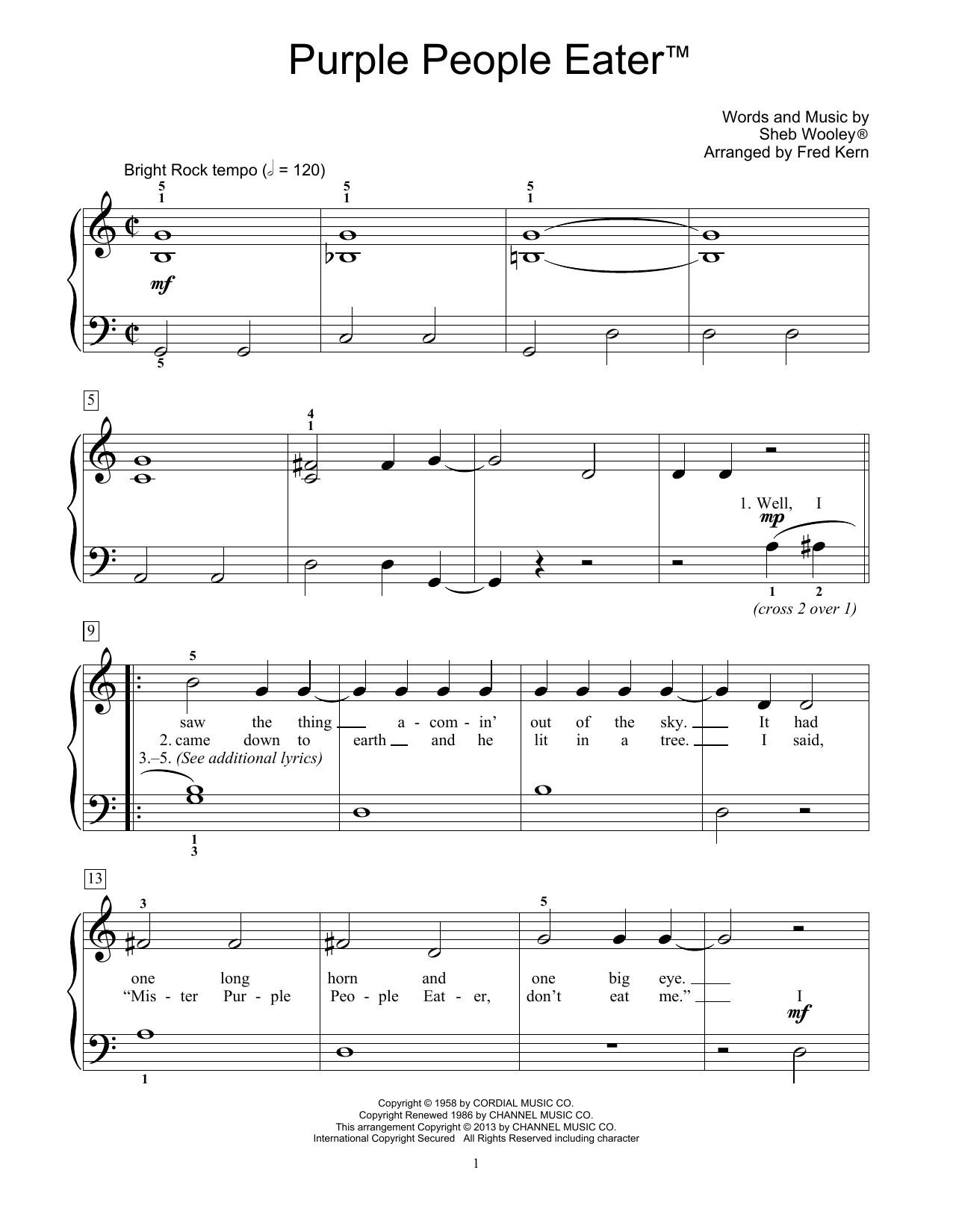 Sheb Wooley Purple People Eater (arr. Fred Kern) sheet music notes and chords arranged for Educational Piano
