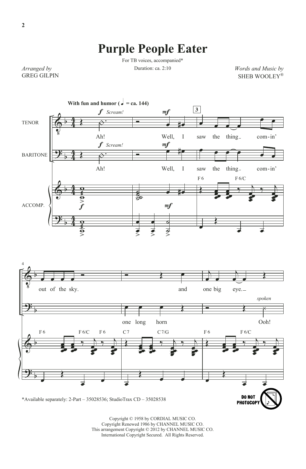 Sheb Wooley Purple People Eater (arr. Greg Gilpin) sheet music notes and chords arranged for 2-Part Choir