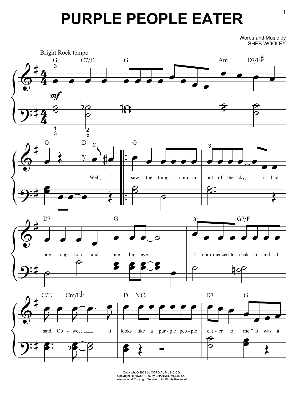 Sheb Wooley Purple People Eater sheet music notes and chords arranged for Piano, Vocal & Guitar Chords (Right-Hand Melody)