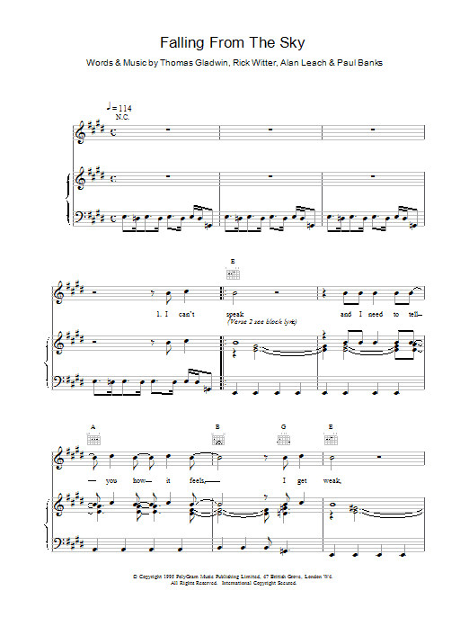 Shed Seven Falling From the Sky sheet music notes and chords arranged for Piano, Vocal & Guitar Chords