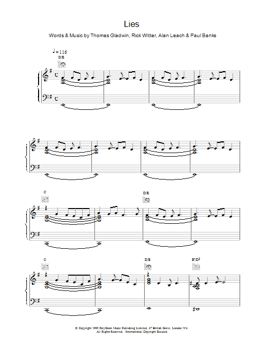 Shed Seven Lies sheet music notes and chords arranged for Piano, Vocal & Guitar Chords