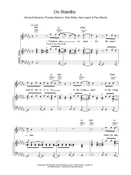Shed Seven On Standby sheet music notes and chords arranged for Piano, Vocal & Guitar Chords