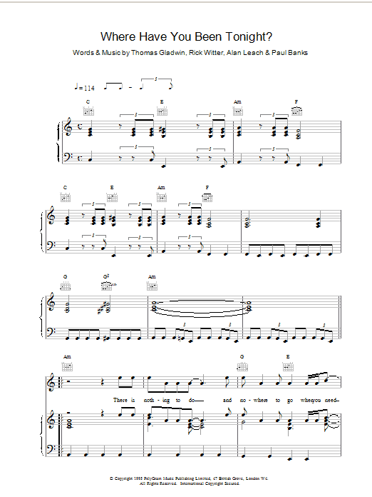 Shed Seven Where Have You Been Tonight sheet music notes and chords arranged for Piano, Vocal & Guitar Chords
