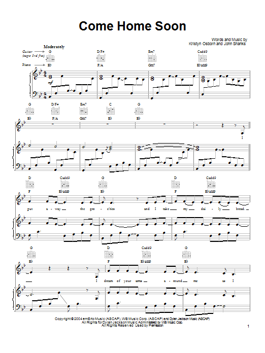 SHeDAISY Come Home Soon sheet music notes and chords arranged for Piano, Vocal & Guitar Chords (Right-Hand Melody)