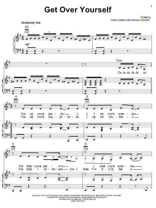 SHeDAISY Get Over Yourself sheet music notes and chords arranged for Piano, Vocal & Guitar Chords (Right-Hand Melody)