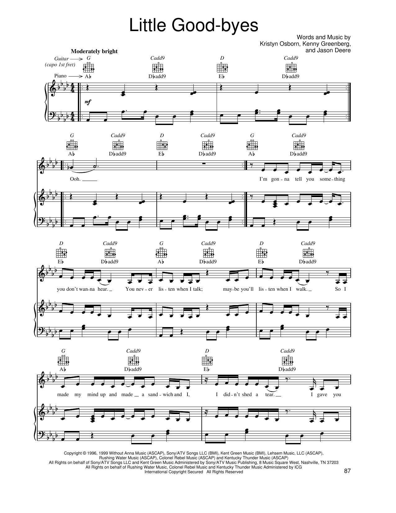 SHeDAISY Little Good-byes sheet music notes and chords arranged for Piano, Vocal & Guitar Chords (Right-Hand Melody)