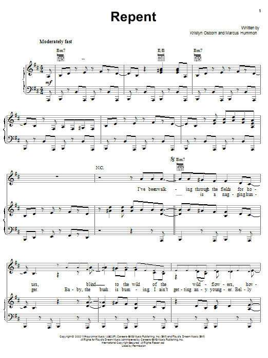 SHeDAISY Repent sheet music notes and chords arranged for Piano, Vocal & Guitar Chords (Right-Hand Melody)