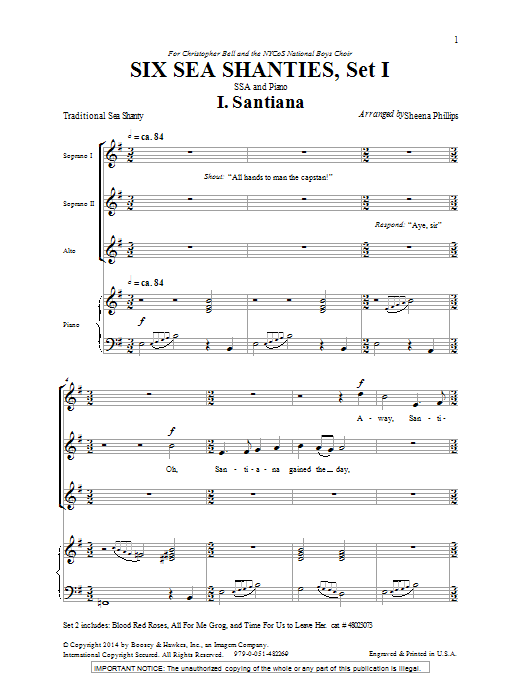 Sheena Phillips Six Sea Shanties Vol. 1 sheet music notes and chords arranged for SSA Choir