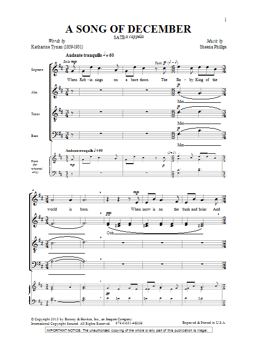 Sheena Phillips A Song Of December sheet music notes and chords arranged for SATB Choir
