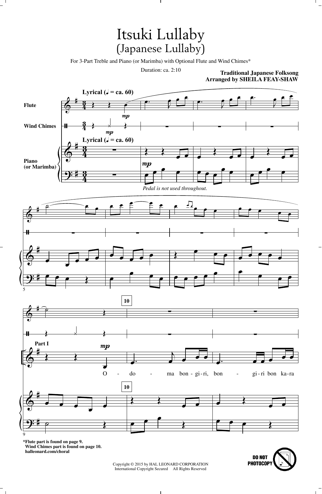 Sheila Feay-Shaw Itsuki Lullaby sheet music notes and chords arranged for 3-Part Treble Choir
