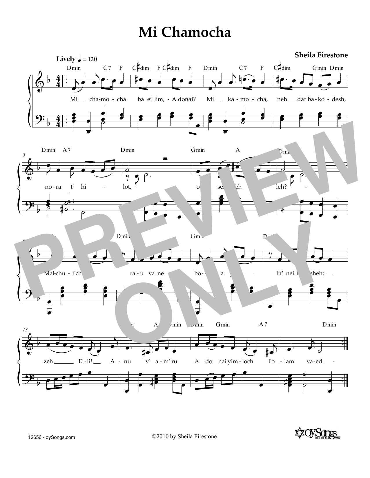 Sheila Firestone Mi Chamocha sheet music notes and chords arranged for Piano, Vocal & Guitar Chords (Right-Hand Melody)