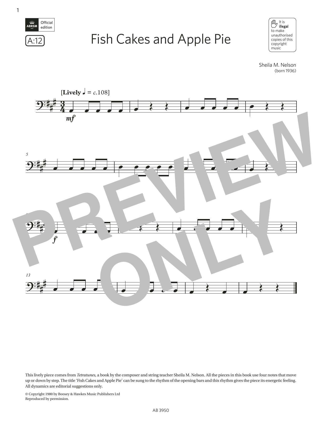 Sheila M. Nelson Fish Cakes and Apple Pie (Grade Initial, A12, from the ABRSM Double Bass Syllabus from 2024) sheet music notes and chords arranged for String Bass Solo