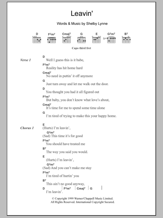 Shelby Lynne Leavin' sheet music notes and chords arranged for Guitar Chords/Lyrics