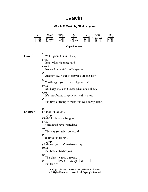 Shelby Lynne Leavin' sheet music notes and chords arranged for Piano, Vocal & Guitar Chords