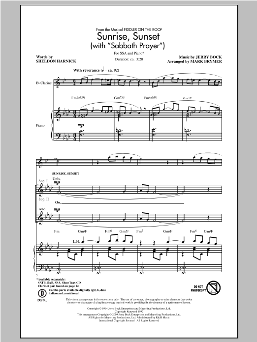 Sheldon Harnick & Jerry Bock Sunrise, Sunset (with Sabbath Prayer) sheet music notes and chords arranged for SSA Choir