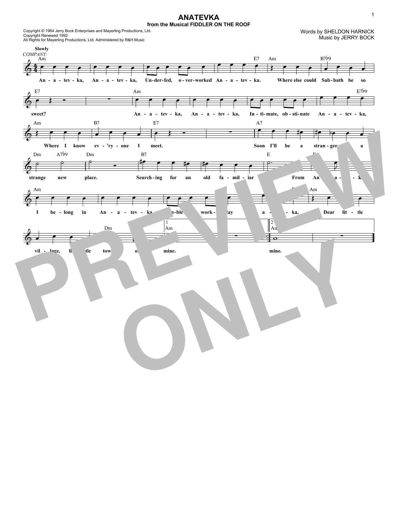 Sheldon Harnick Anatevka sheet music notes and chords arranged for Lead Sheet / Fake Book