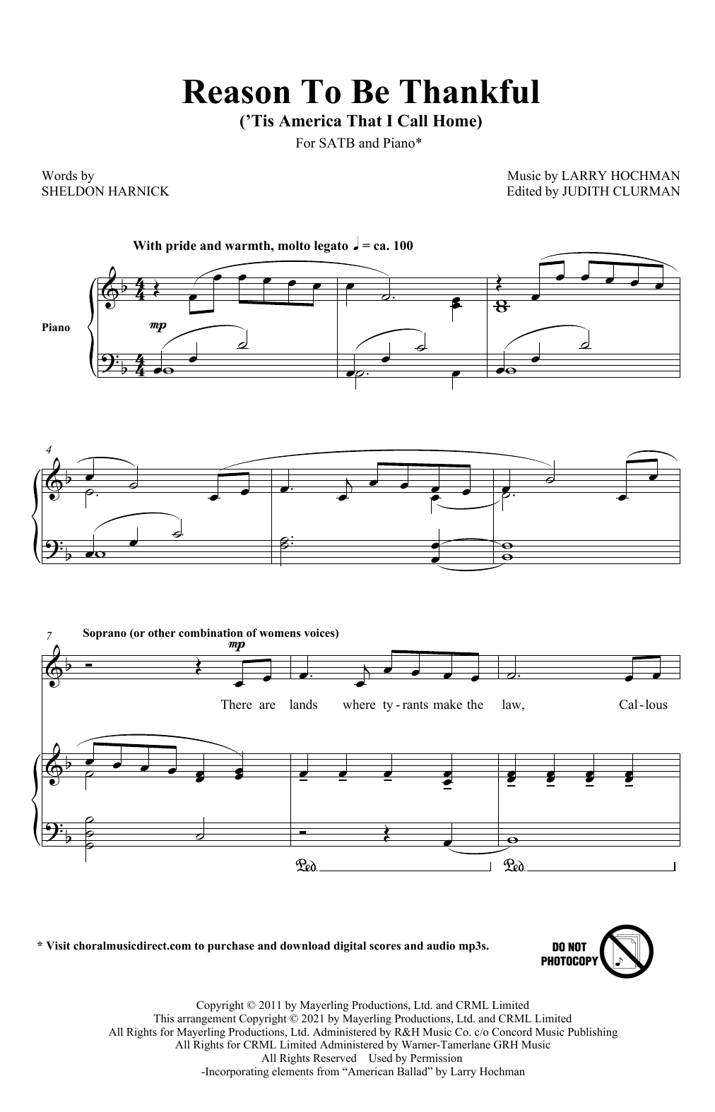 Sheldon Harnick and Larry Hochman Reason To Be Thankful ('Tis America That I Call Home) sheet music notes and chords arranged for SATB Choir