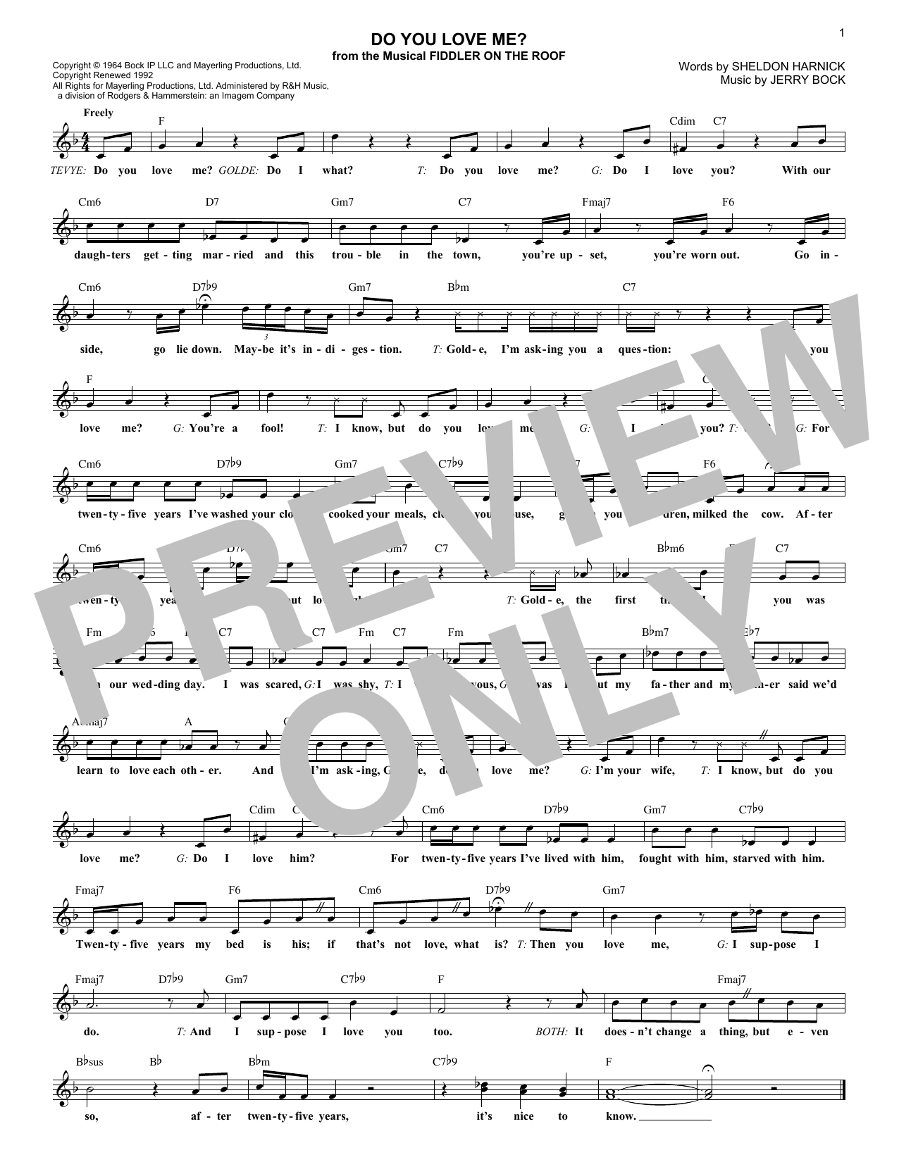 Sheldon Harnick Do You Love Me? sheet music notes and chords arranged for Lead Sheet / Fake Book