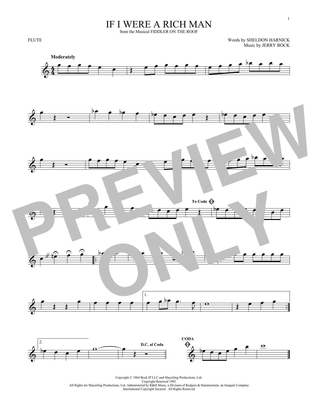 Sheldon Harnick If I Were A Rich Man sheet music notes and chords arranged for Flute Solo