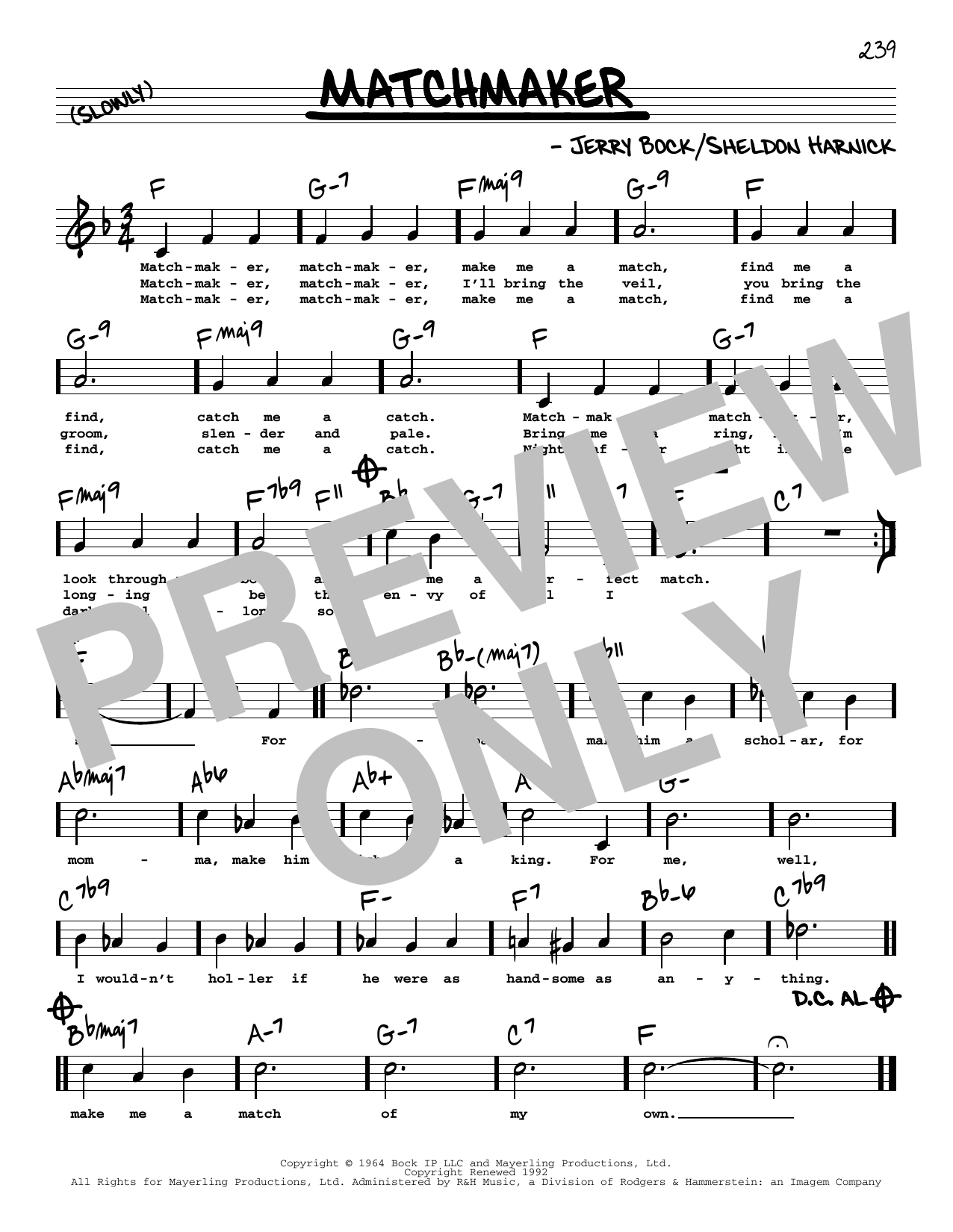 Sheldon Harnick Matchmaker (High Voice) (from Fiddler On The Roof) sheet music notes and chords arranged for Real Book – Melody, Lyrics & Chords