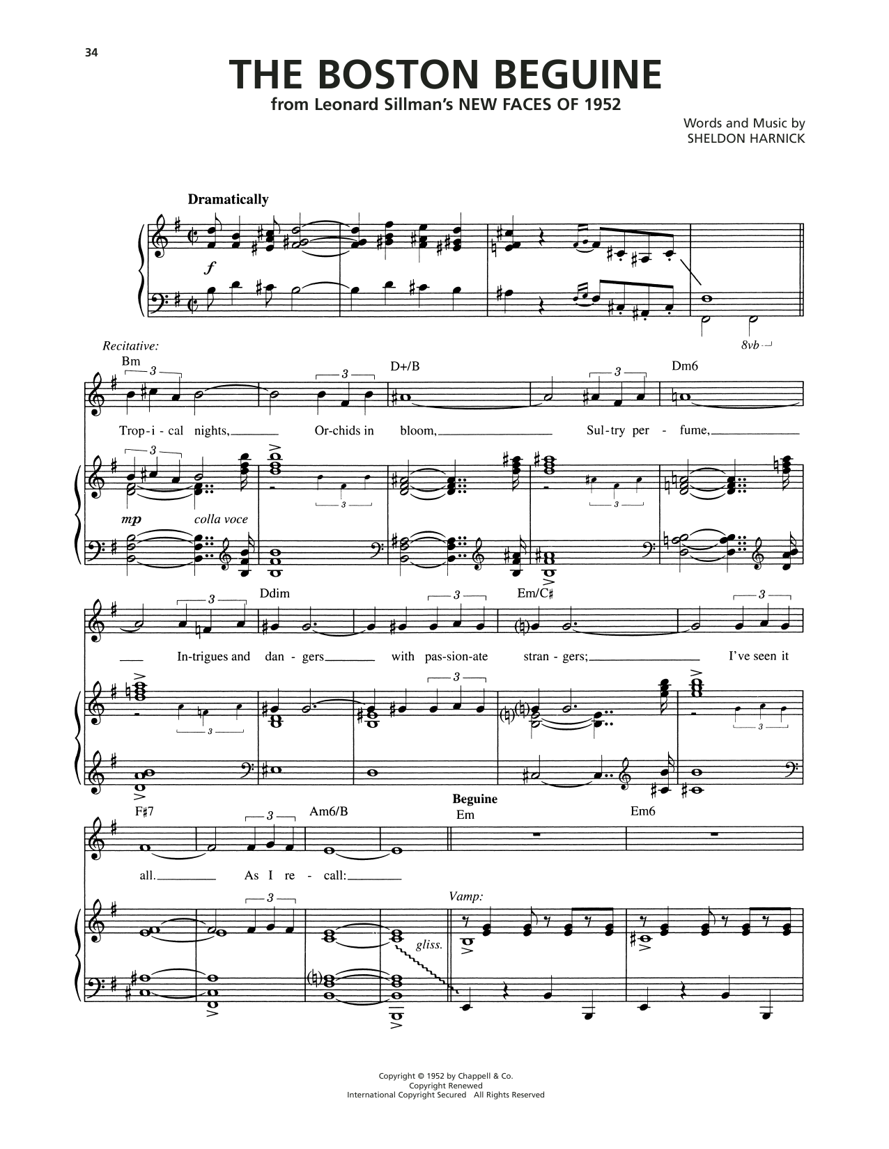 Sheldon Harnick The Boston Beguine (from New Faces of 1952) sheet music notes and chords arranged for Piano, Vocal & Guitar Chords (Right-Hand Melody)