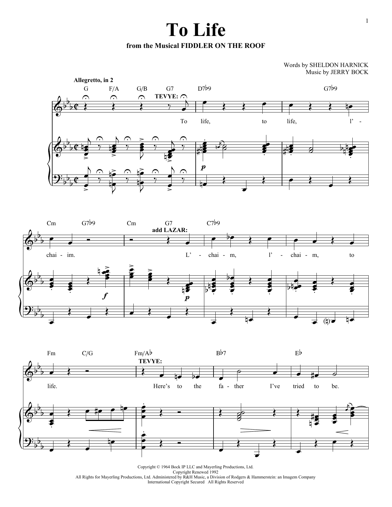 Sheldon Harnick To Life sheet music notes and chords arranged for Pro Vocal