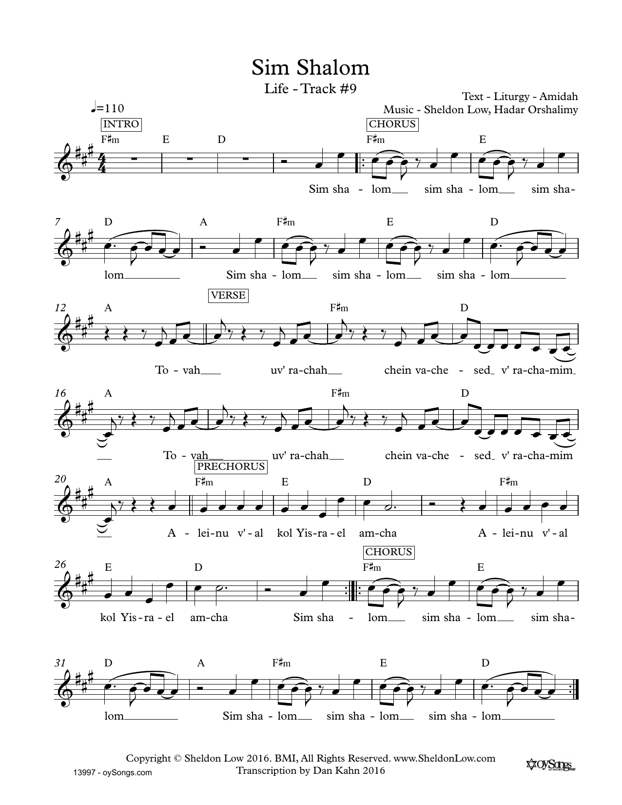 Sheldon Low Sim Shalom sheet music notes and chords arranged for Lead Sheet / Fake Book