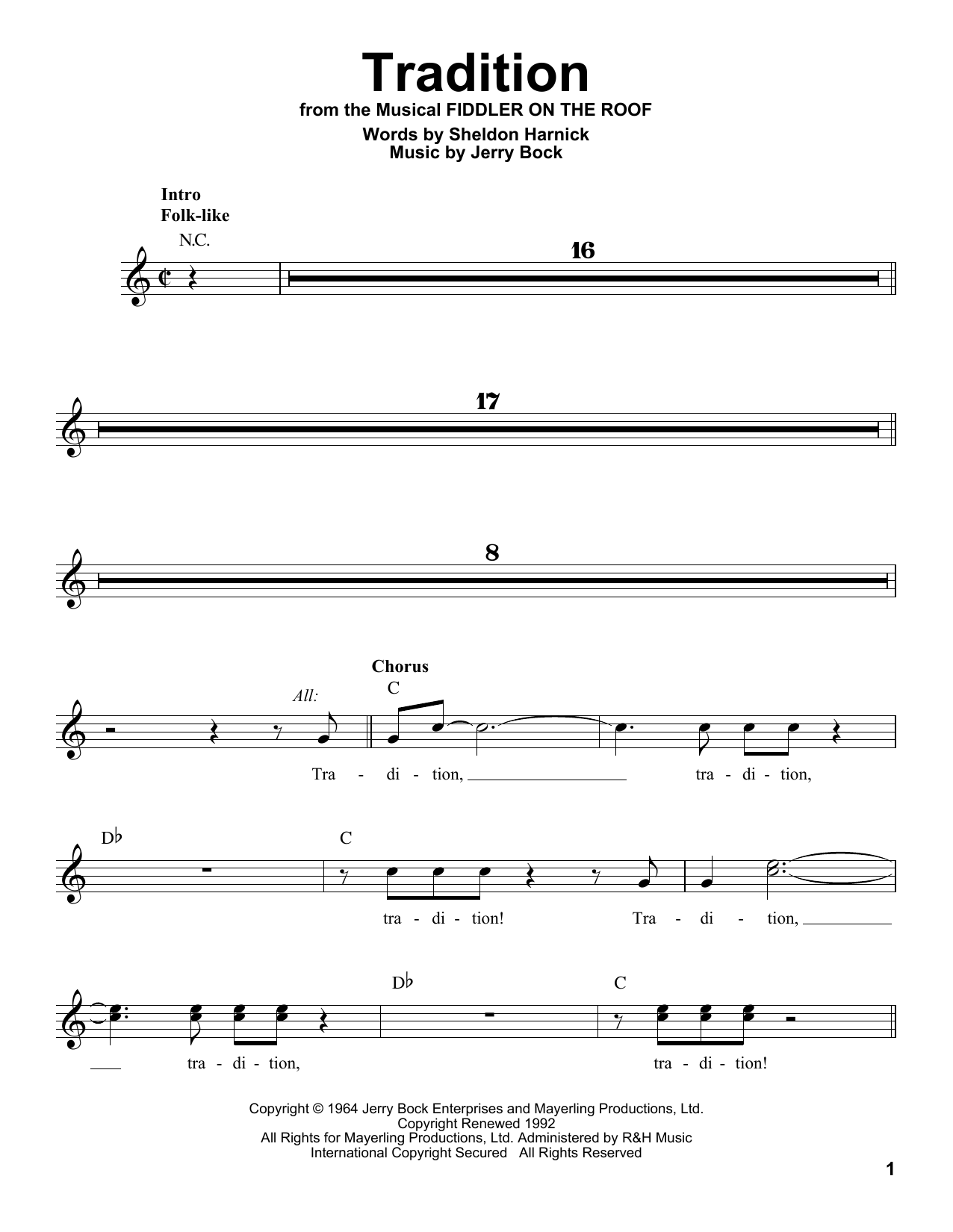 Sheldon Harnick Tradition sheet music notes and chords. Download Printable PDF.