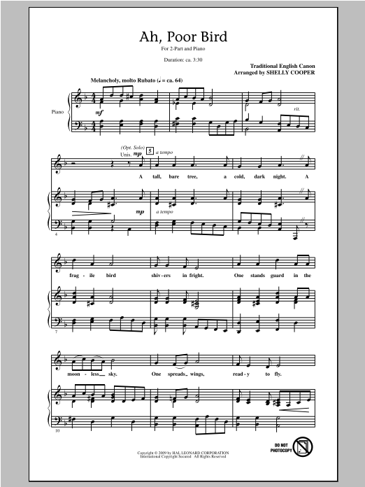 Shelly Cooper Ah, Poor Bird sheet music notes and chords arranged for 2-Part Choir