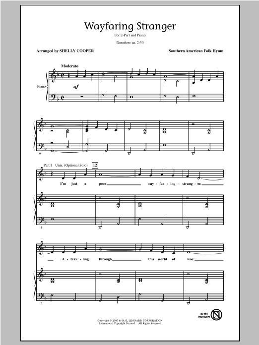 Shelly Cooper Wayfaring Stranger sheet music notes and chords arranged for 2-Part Choir