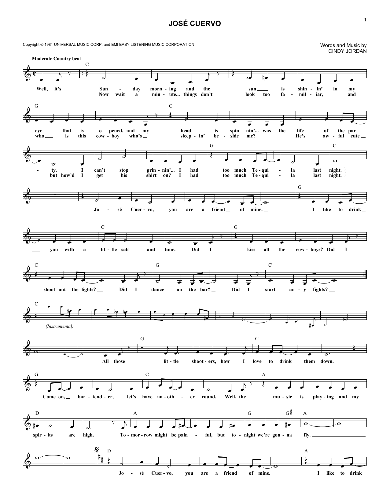 Shelly West Jose Cuervo sheet music notes and chords arranged for Lead Sheet / Fake Book