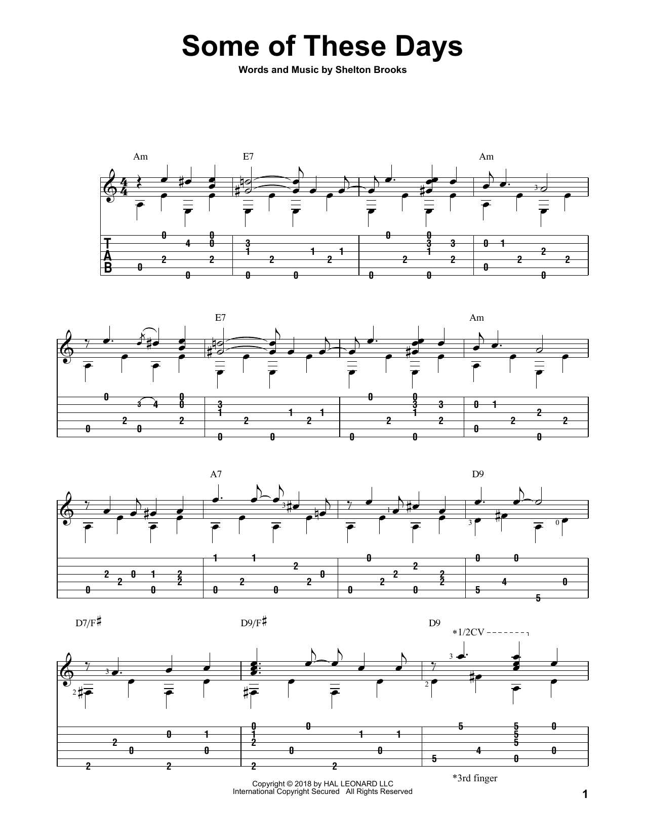 Shelton Brooks Some Of These Days sheet music notes and chords arranged for Solo Guitar