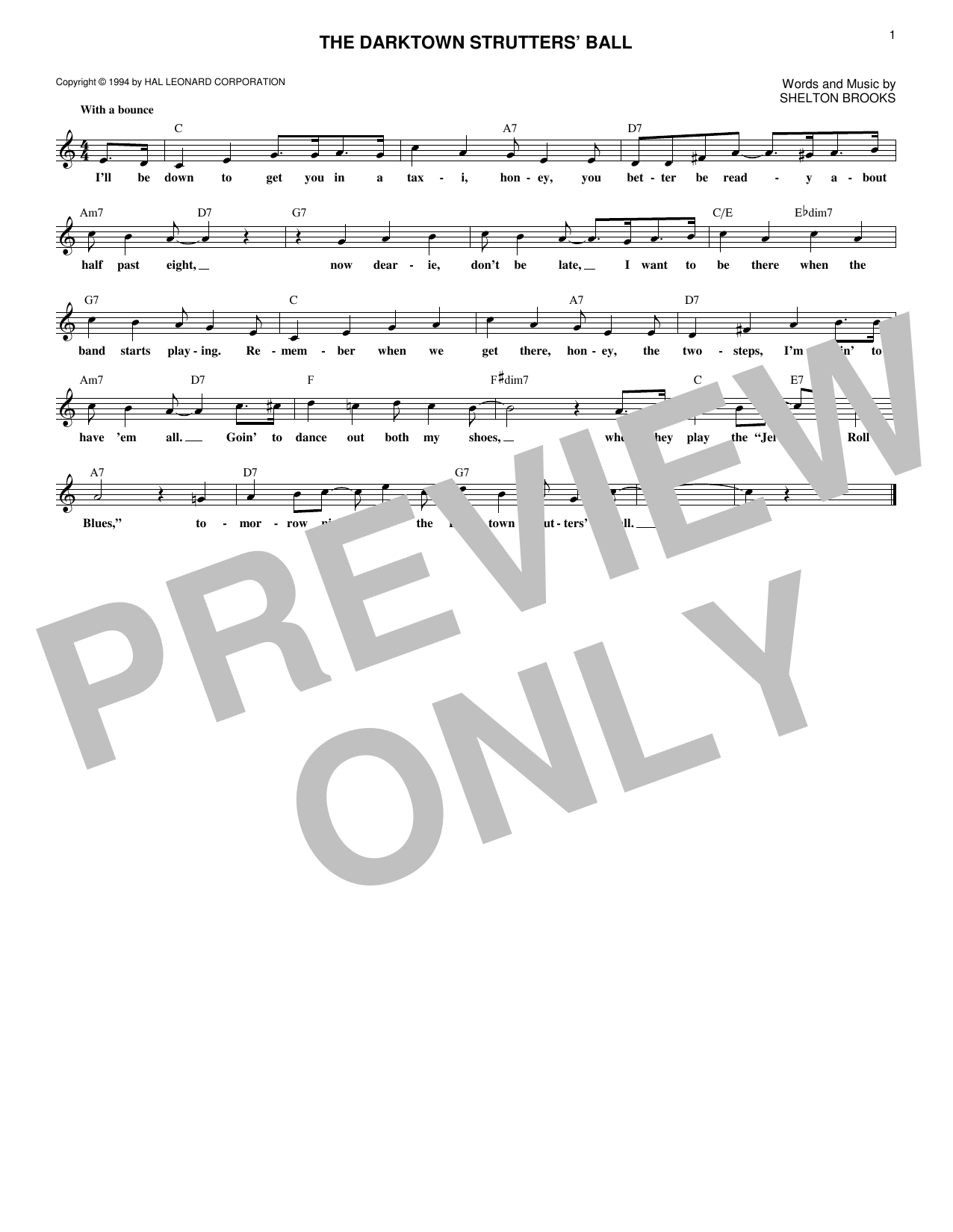 Shelton Brooks The Darktown Strutters' Ball sheet music notes and chords arranged for Lead Sheet / Fake Book