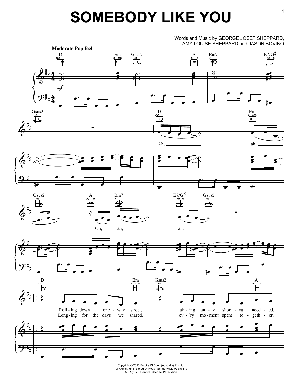 Sheppard Somebody Like You sheet music notes and chords arranged for Piano, Vocal & Guitar Chords (Right-Hand Melody)